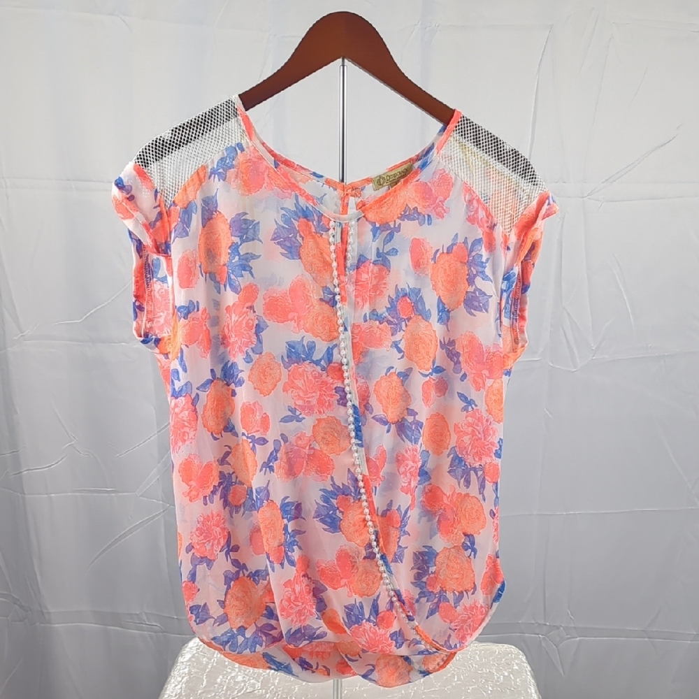Democracy Vibrant Coral and Blue Floral Blouse